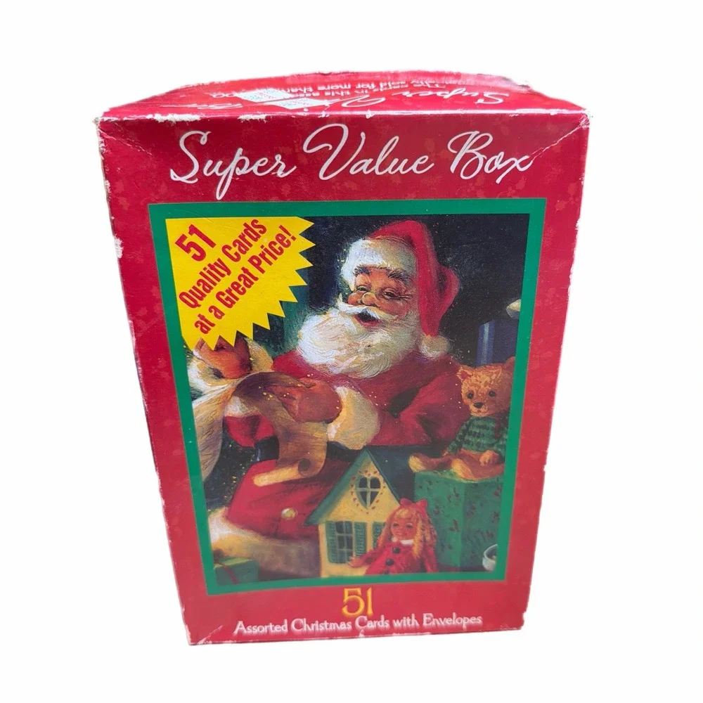 VTG Super Value Box 51 Assorted Christmas Cards with Envelopes Santa Toys
